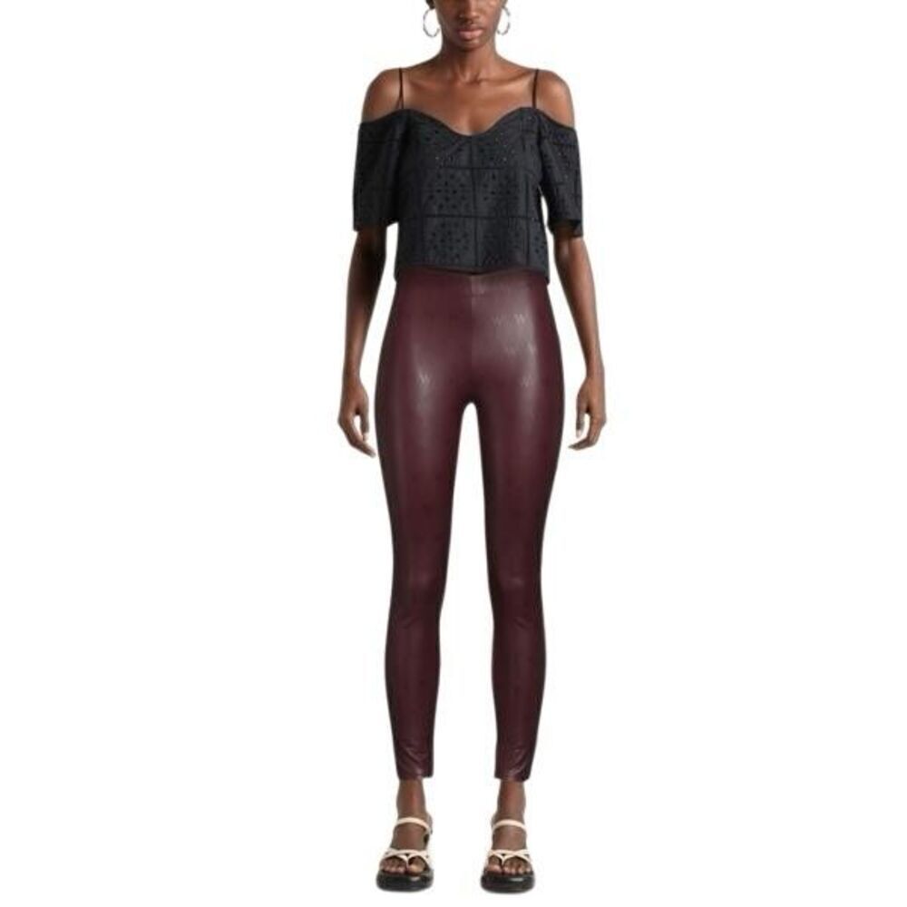 NWT Wolford Net Vegan Leather Leggings Port Royale Burgundy Logo High Waist Pant